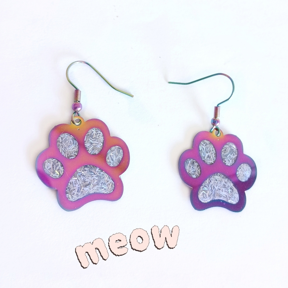Paw Print Rainbow Titanium Stainless Steel Earrings Pink Purple Blue New